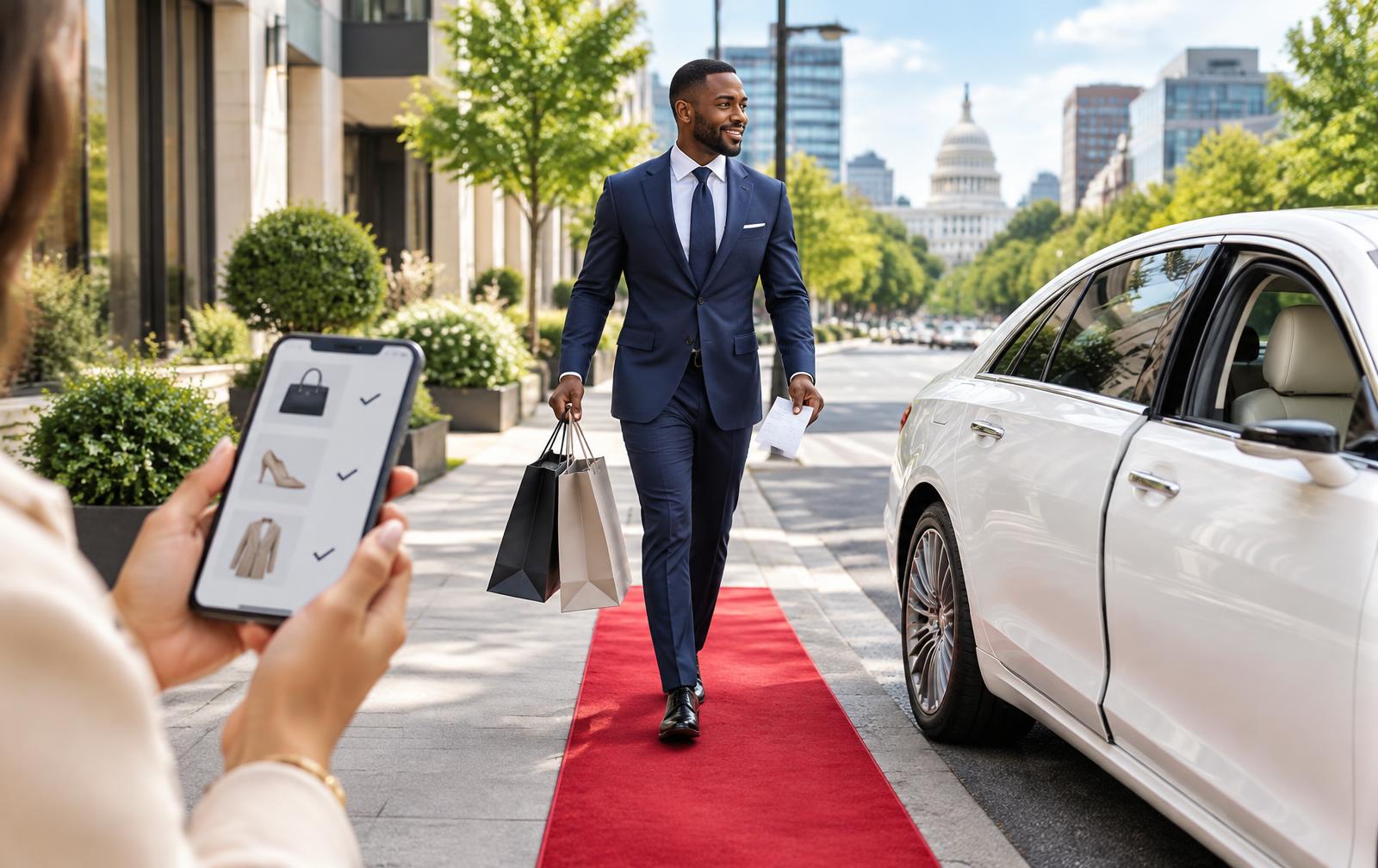 A personal shopper carrying understated bags and a receipt toward a white luxury sedan