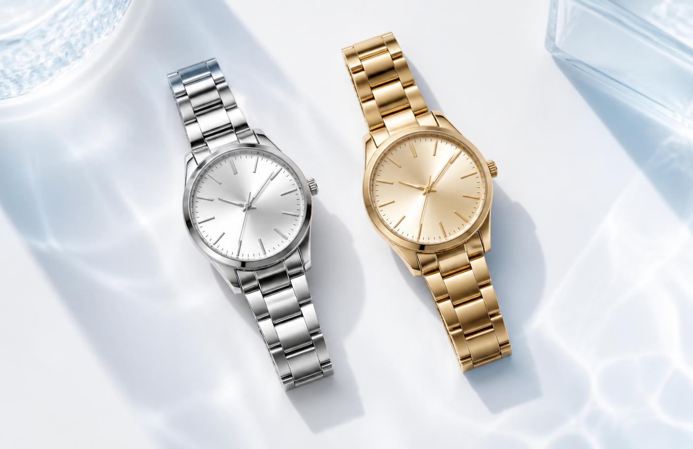 Two luxury wristwatches on a bright surface